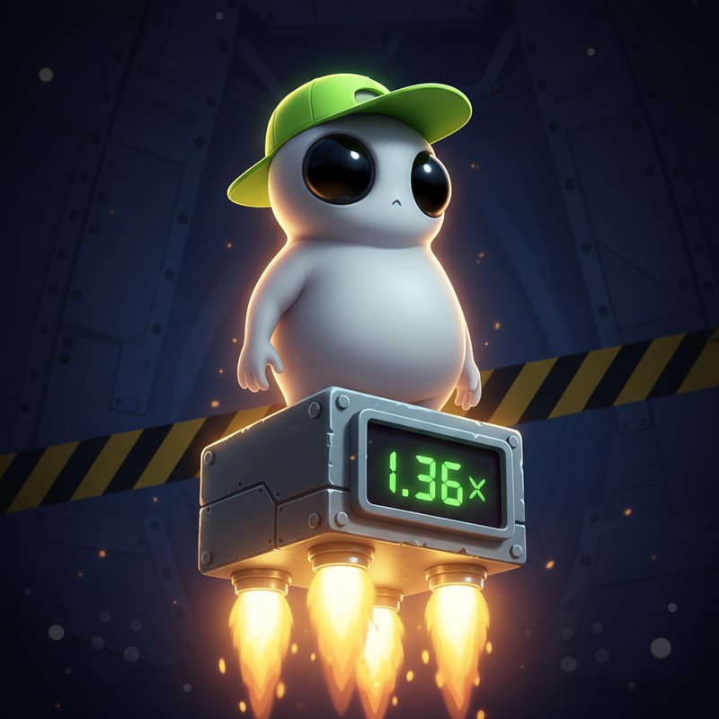 Jumper slot game met grijze alien karakter met groene pet die op drijvend raketplatform staat met 1.36x multiplier display, omringd door gele vlamstralen in donkere ruimte-omgeving met metalen wanden
